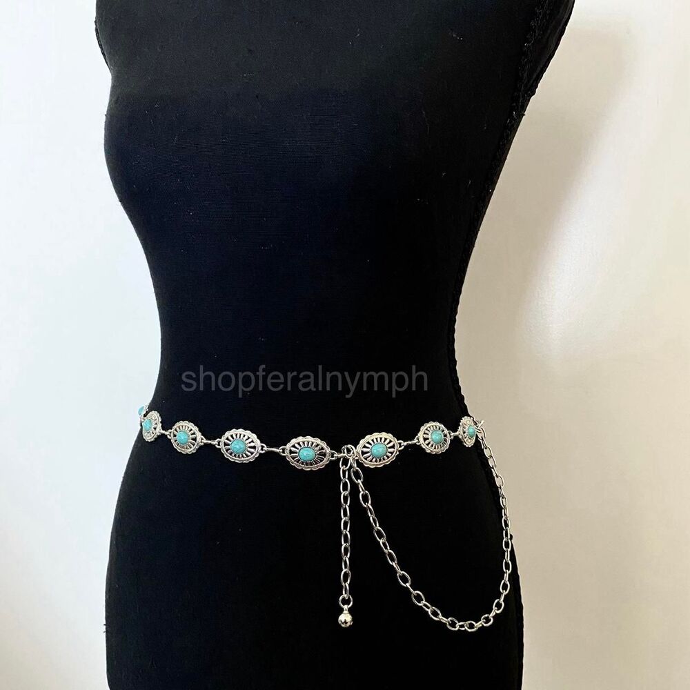Silver Turquoise Oval Western Boho Chain Belt, Fits 24-43 Inches, X7GA1264